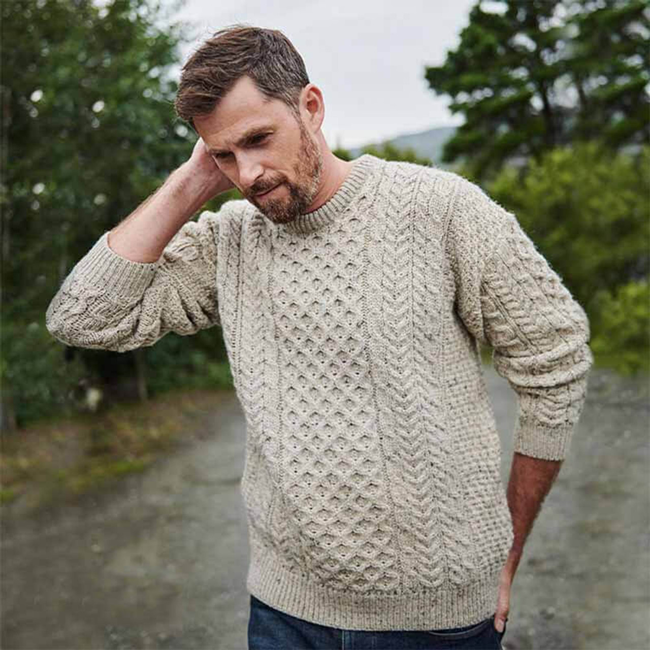 Men's Traditional Irish Aran Sweater, Natural / Extra Large