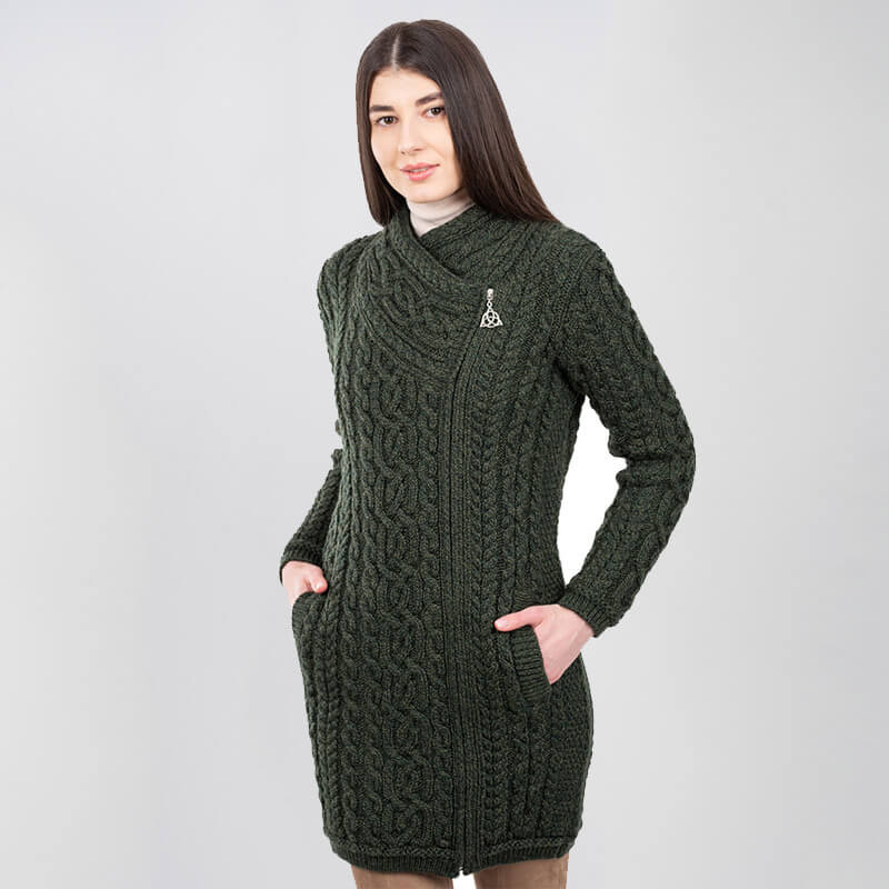 Ladies Merino Zip Aran Cardigan | Carraig Donn