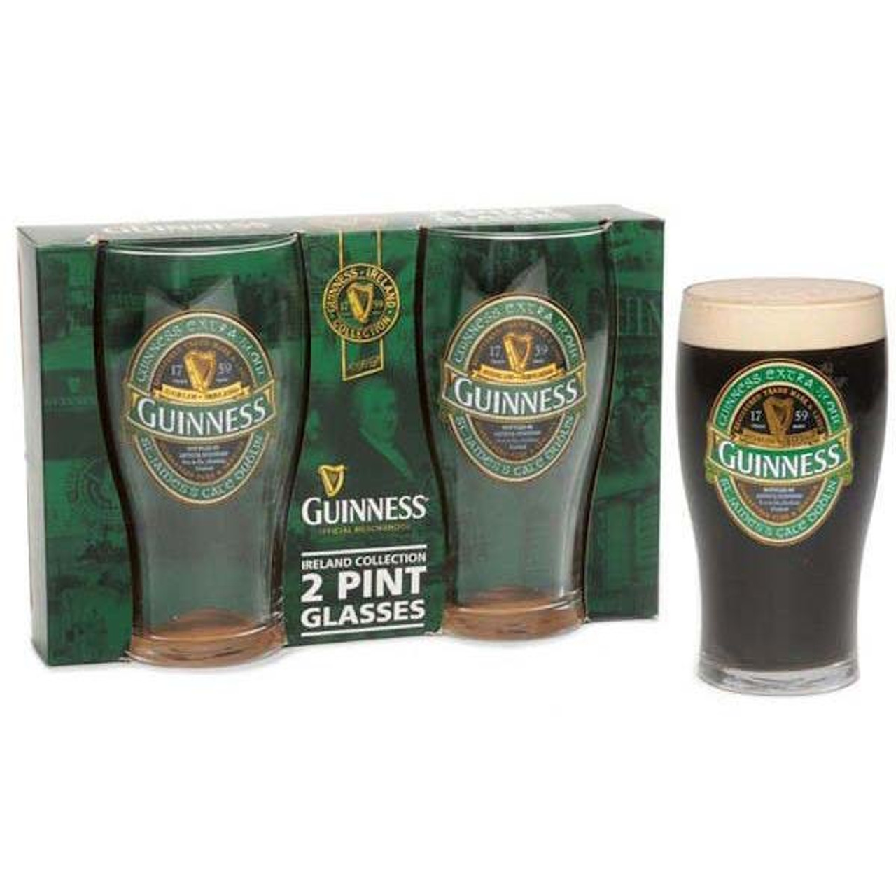 Guinness Extra Stout Pint Glasses Black & Green Label With Gold Harp Set of  2 