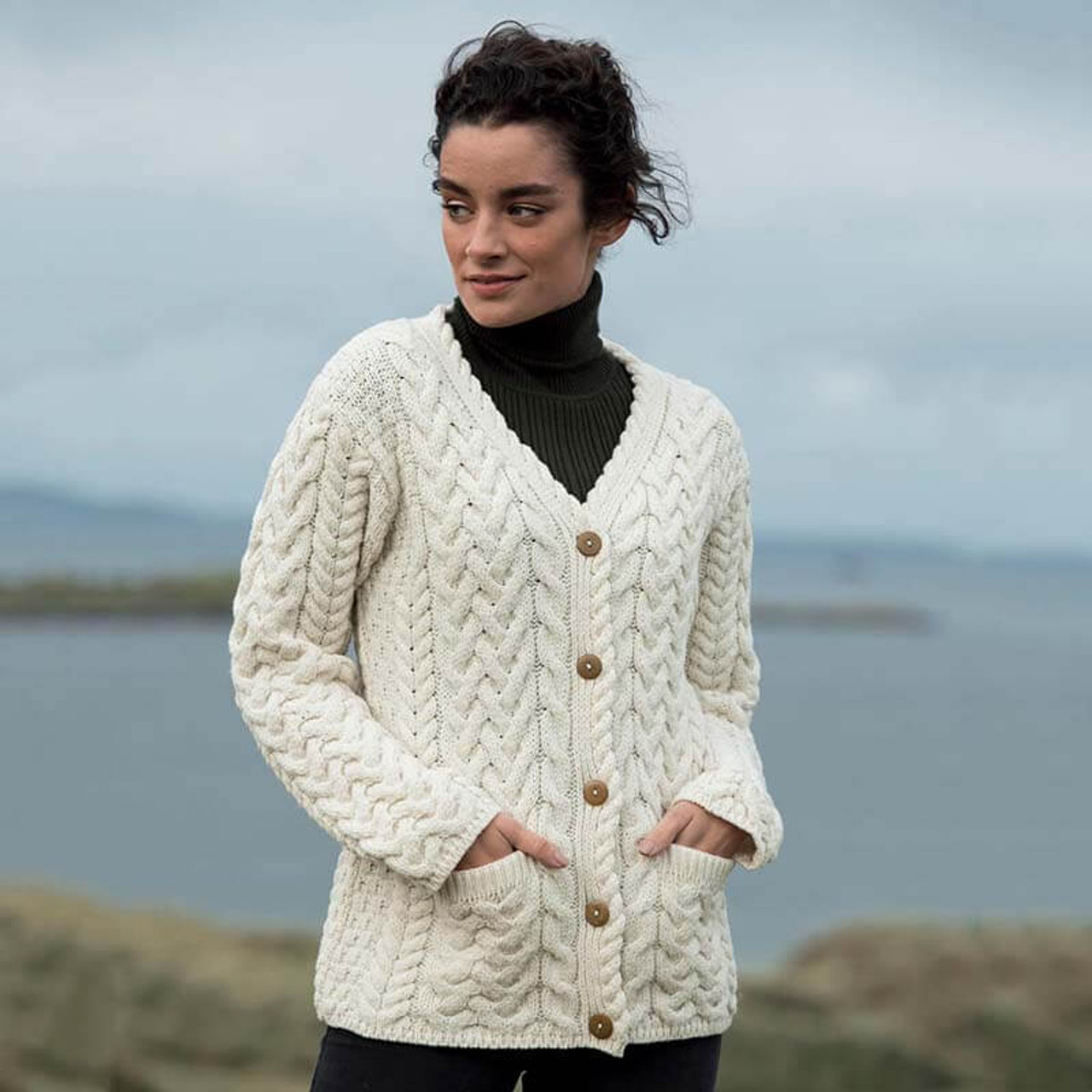 Ladies V-Neck Cable Knit Cardigan