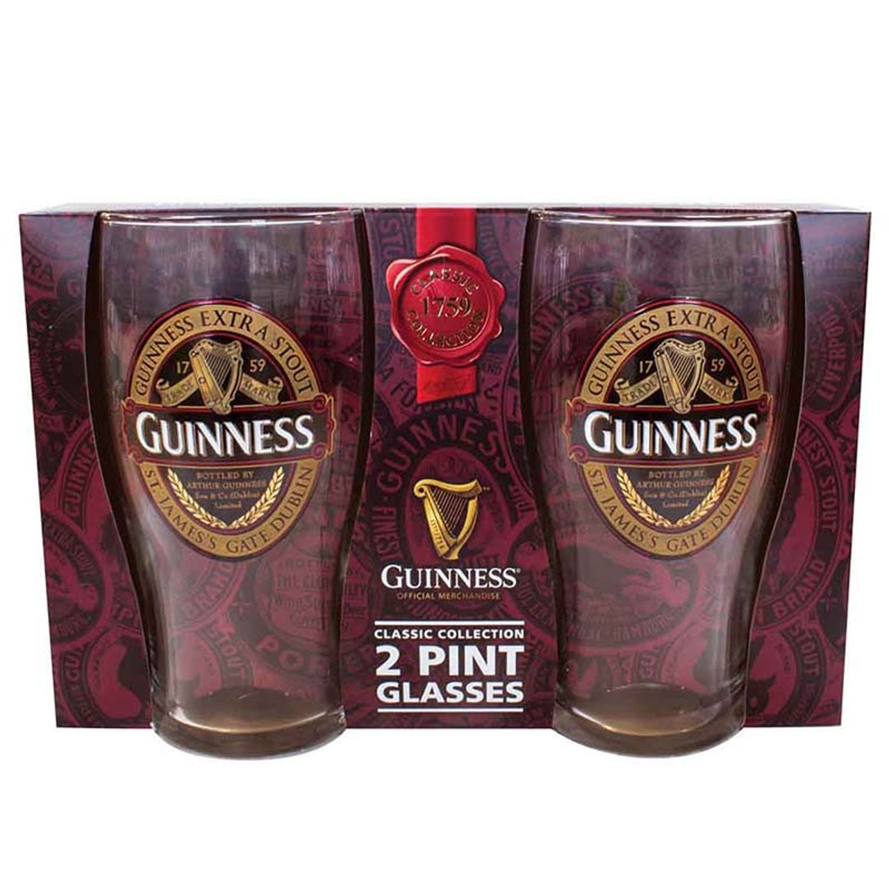 Guinness Logo 2 Pack Pint Glass Set With Embossed Harp