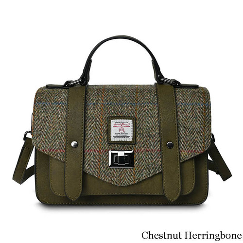 ISL-8312 Harris Tweed Medium Ladies Satchel Chestnut Blue Tartan ShamrockGift.com