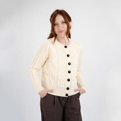 ML152 100 NATURAL WHITE Colour Short Knit Aran Lumber CardigAan ShamrockGift.com