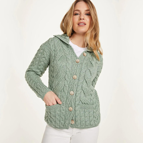 Aran-Woollen-Mills-Ladies-Buttoned-Cabled-Cardigan-Sea-Foam-Green-Color-B940-ShamrockGift.com