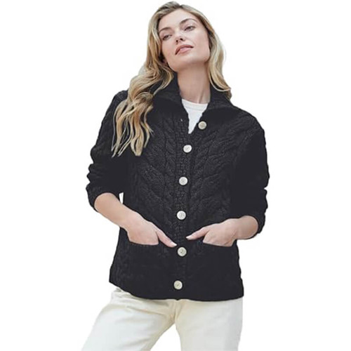 Aran-Woollen-Mills-Ladies-Buttoned-Cabled-Cardigan-Black-Color-B940-Face-ShamrockGift.com
