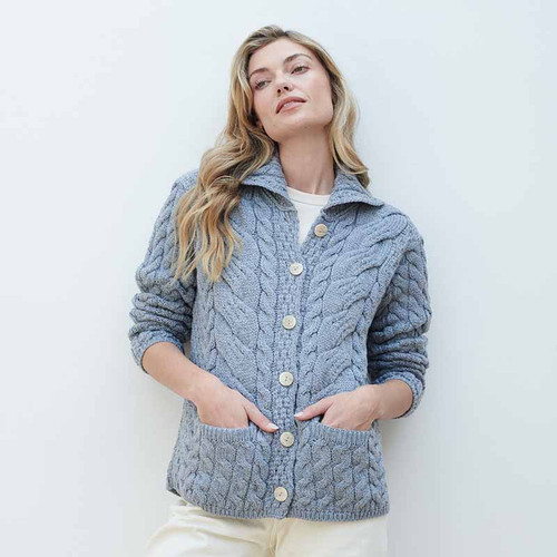 Aran-Woollen-Mills-Ladies-Buttoned-Cabled-Cardigan-Ocean-Grey-Color-B940-Far-ShamrockGift.com