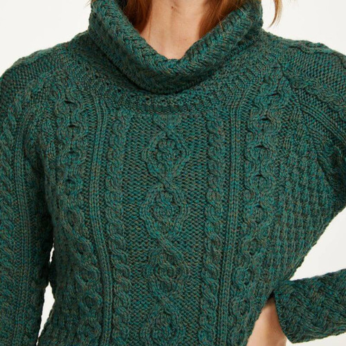 A191-403 Connemara Green Color Merino Wool Roll Neck Irish Sweater Closeup Neck View Shamrockgift.com