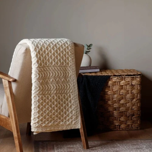 Aran Woollen Mills Classic Merino Honeycomb Irish Aran Throw Blanket Cream Color ShamrockGift.com