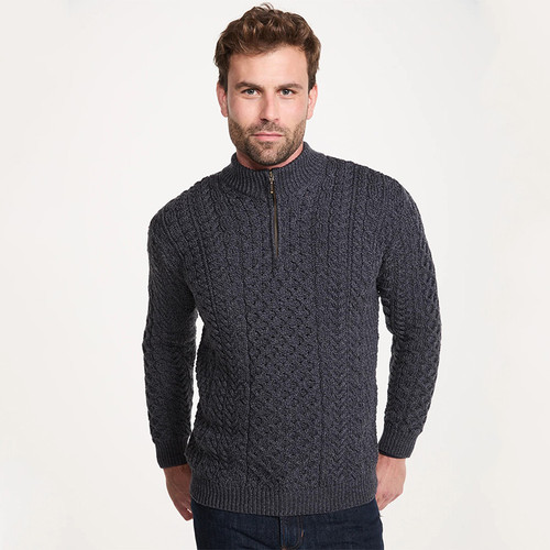 B722 Charcoal Color Men's Merino Wool Quarter Zip Fisherman Sweater ShamrockGift.com B722 Charcoal Color Men's Merino Wool Quarter Zip Fisherman Sweater ShamrockGift.com