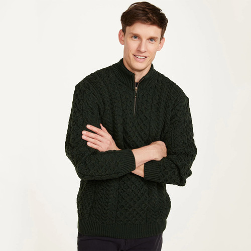 B722 Green Color Men's Merino Wool Quarter Zip Fisherman Sweater ShamrockGift.com