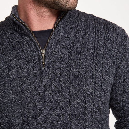 B722 Charcoal Color Men's Merino Wool Quarter Zip Fisherman Sweater Closeup View ShamrockGift.com