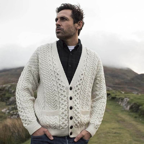 Aran Woollen Mills Men's Irish V-Neck Knit Cardigan A758 White Color ShamrockGift.com