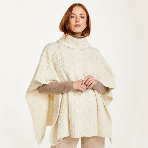 B694-367 White Color SuperSoft Merino Wool Poncho with Cowl Neck Shamrockgift.com