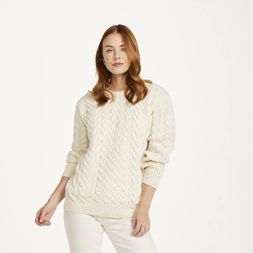 B689367 Natural White Color Men's Crew Neck Aran Heavyweight Sweater ShamrockGift.com