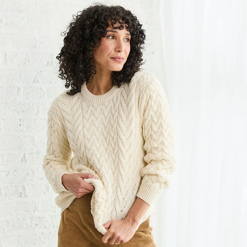 B689367 Natural White Color Men's Crew Neck Aran Heavyweight Sweater ShamrockGift.com