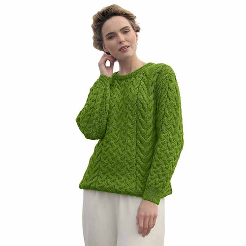 Supersoft Aran Knit Sweater with Crew Neck Collar B689 Meadow Green Front View ShamrockGift.com