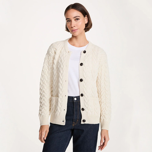 B685-367 White Color SuperSoft Merino Wool Aran Cable Cardigan Open Front View ShamrockGift.com