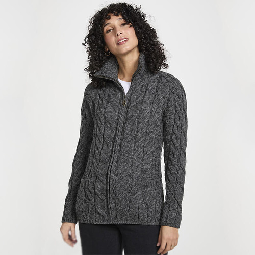 B841 572 Slate GREY Colour Ladies Wool Cardigan with Mock Turtleneck and Zipper ShamrockGift.com