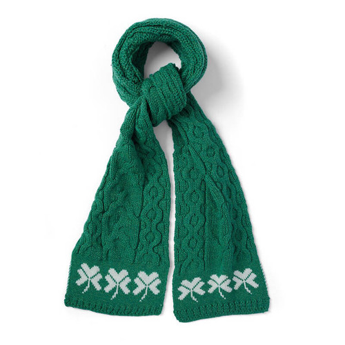 Aran Woollen Mills Irish Merino Wool Cable Knit Scarf 72" with Shamrocks Close Up A843191-ONE ShamrockGift.com