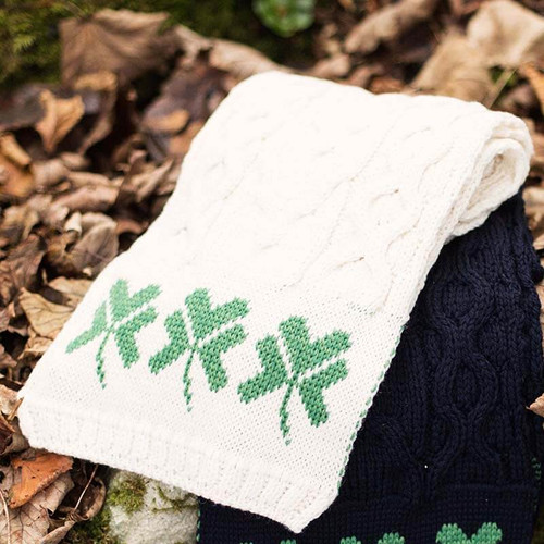 Aran Woollen Mills Irish Merino Wool Cable Knit Scarf 72" with Shamrocks Close Up A843283-1-ONE ShamrockGift.com