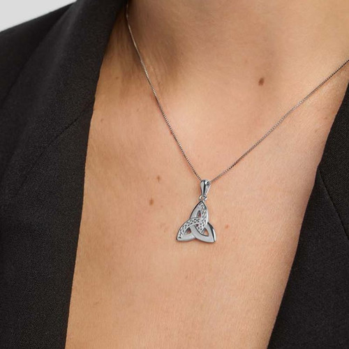 Celtic Trinity Knot Shaped Pendant S44867 Lifestyle Front View ShamrockGift.com
