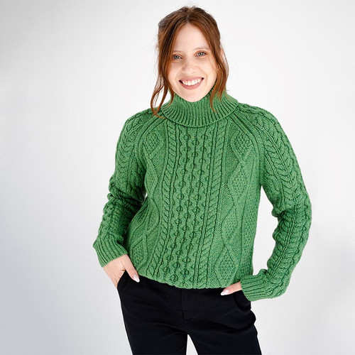 ML150-Ladies-Turtleneck-Wool-Aran-Sweater-Green-Front-ShamrockGift.com