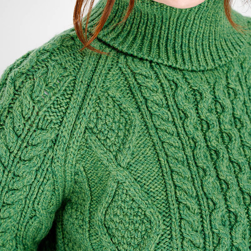 ML150-105-GREEN-Colour Ladies Turtleneck Wool Aran Sweater Closeuop view Shamrockgift.com