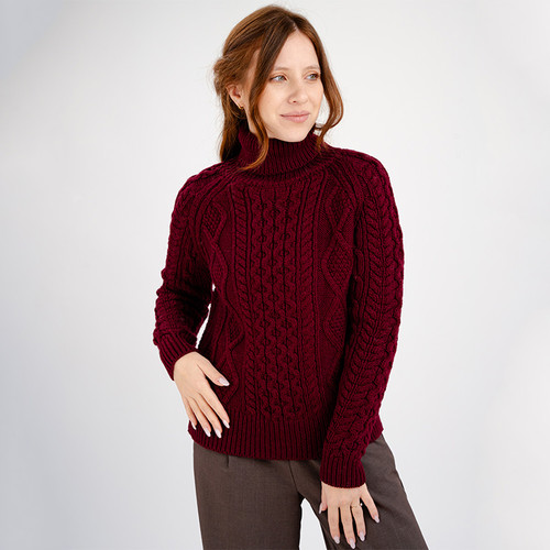 ML150-108-WINE RED Colour Ladies Turtleneck Wool Aran Sweater Shamrockgift.com