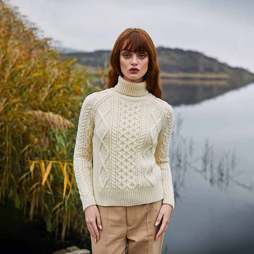 Ladies Turtleneck Wool Aran Sweater ML150 White Lake ShamrockGift.com