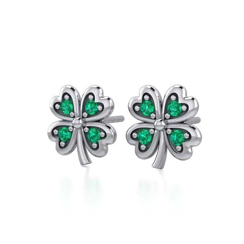 GS-TERG018441-EG-set Silver Post Four Leaf Clover Earrings With Emeralds ShamrockGift.com