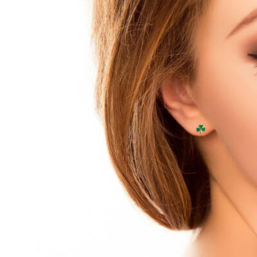 Solvar Small Sterling Silver Stud Earrings with Green Enameled Shamrock Leaf Shape Design S3255 ShamrockGift.com