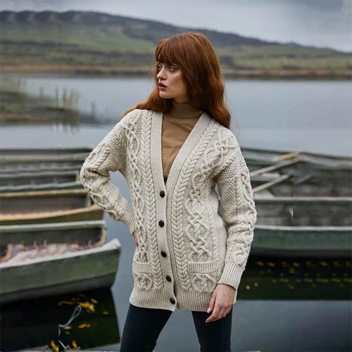 ML156 V Neck Cable Knit Boyfriend Cardigan Gift  Front view ShamrockGift.Com