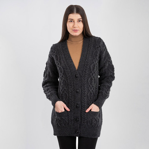 ML156 CHARCOAL Color V Neck Cable Knit Boyfriend Cardigan ShamrockGift.Com