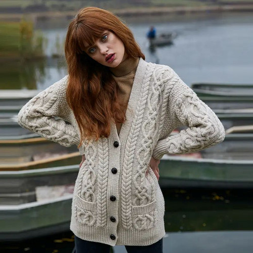 ML156 NATURAL WHITE Color V Neck Cable Knit Boyfriend Cardigan Gift  Front view ShamrockGift.Com