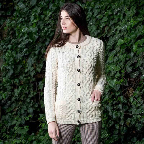 SAOL Ladies Traditional Aran Lumber Jacket ML115-100 Natural White ShamrockGift