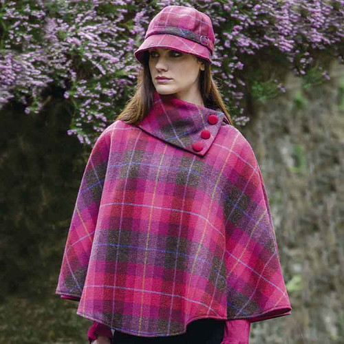 Mucros-Weavers-Donegal-Pink-Tartan-Walking-Tweed-Cape-MWP223-OS-ShamrockGift.com