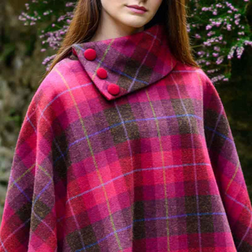 Mucros-Weavers-Donegal-Pink-Tartan-Walking-Tweed-Cape-MWP223-OS-Close-ShamrockGift.com