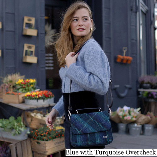 GA-LB1214-COL119-BLUE WITH TURQUOISE OVERCHECK Harris Tweed Thurso Square Shoulder Bag Lifestyle ShamrockGift.com