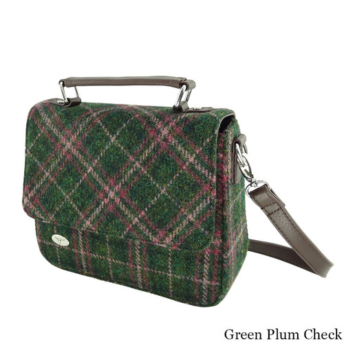 GA-LB1214-COL107-DSRK GREEN PLUM CHECK Harris Tweed Thurso Square Shoulder Bag ShamrockGift.com