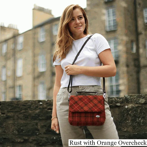 GA-LB1214-COL108-DEEP ORANGE CHECK Harris Tweed Thurso Square Shoulder Bag Lifestyle  ShamrockGift.com