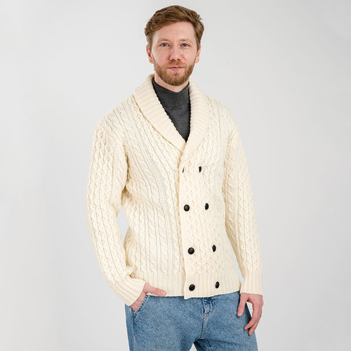 MM225 Men's Aran Shawl Collar Cardigan Natural Front ShamrockGift.com MM225 Men's Aran Shawl Collar Cardigan Natural Front ShamrockGift.com