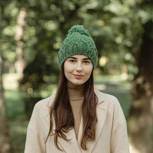 ML310 105 Natural Women's Irish Cable Knit Beanie Hat Front ShamrockGift