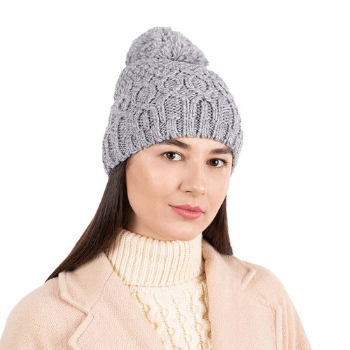ML310 103 Natural Women's Irish Cable Knit Beanie Hat Front ShamrockGift