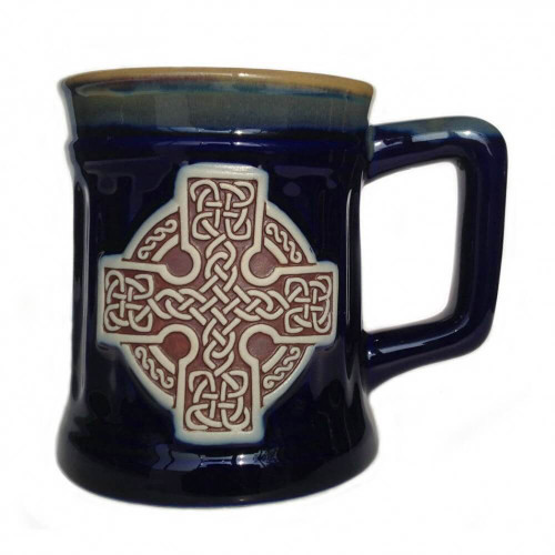 GA-PT1000-BLU Celtic Cross Pottery Beer Mug ShamrockGift.com