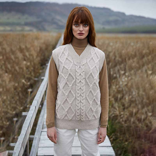 ML153-109 Parsnip Cable Knit Aran Sweater Vest Front ShamrockGift.com