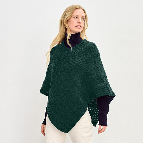 B403 403 CONNEMARA GREEN Colour Ladies Irish Aran Poncho In Cable Stitch Shamrockgift.com
