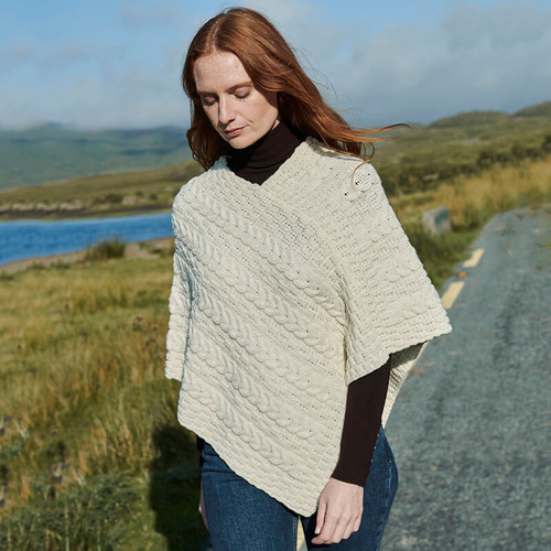 B403 162 Natural White Merino Wool V-Neck Irish Poncho Lifestyle ShamrockGift.com