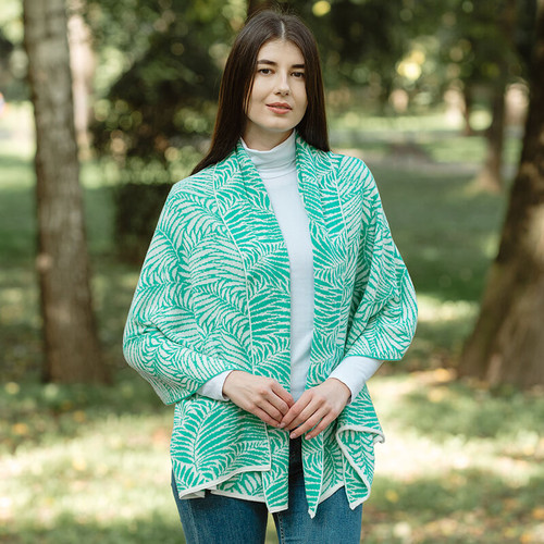 LS104 404 Aqua Green Celtic Leaf Motif Cotton Shawl Lifestyle Front ShamrockGift.com