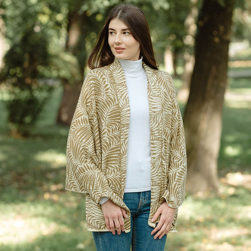 LS104 402 Fawn Brown Celtic Leaf Motif Cotton Shawl Lifestyle Front ShamrockGift.com