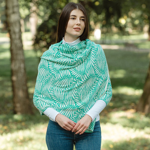 LS104 404 Aqua Green Celtic Leaf Motif Cotton Shawl Lifestyle Front ShamrockGift.com LS104 404 Aqua Green Celtic Leaf Motif Cotton Shawl Lifestyle Front ShamrockGift.com